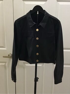 Halogen Black Cropped Jean Jacket with Gold Buttons